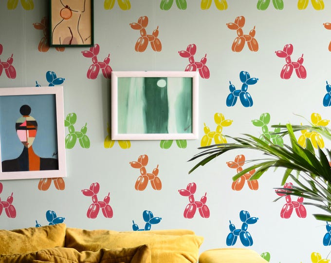 Dog Balloon Wallpaper, Modern Art Wall Decor, Preppy Dog Wall Art for Living Room & Nursery, Unique Pet Illustration Print