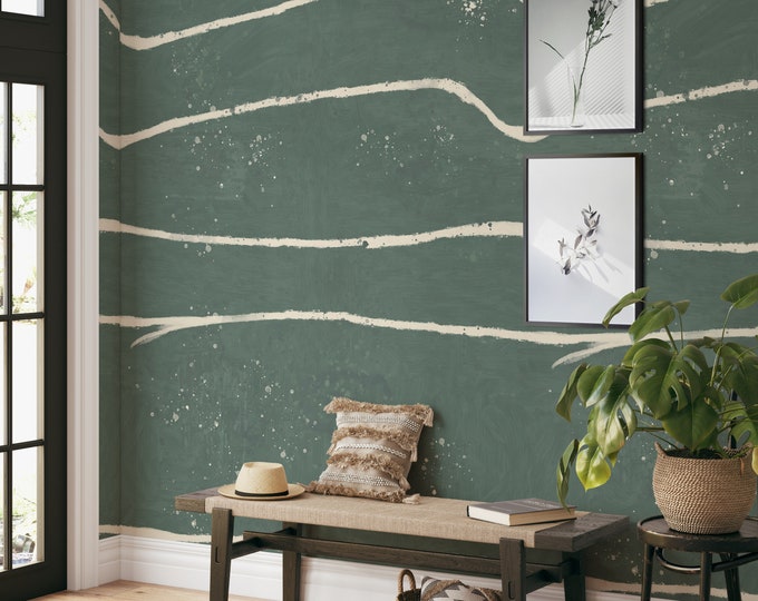 Green Wallpaper, Abstract Minimal Wavy Stripe Design, Modern Scandinavian Wall Decor 260x180 cm