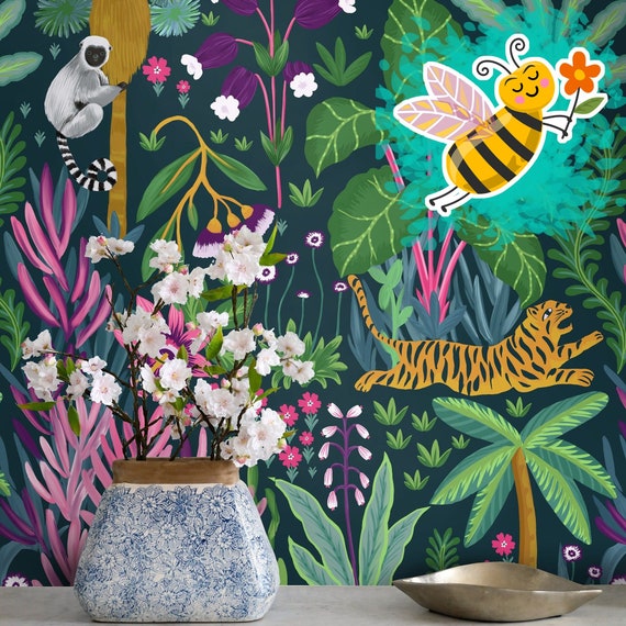 Tropical Dark Jungle Wallpaper, Whimsical Tiger Painting Dark Boho Wall decor, Exotic Nature Scene Wall Art