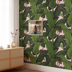 Carta da parati foglie di Banano Martinica, Carta da parati Foresta Tropicale Albero Banana Rosa e Verde