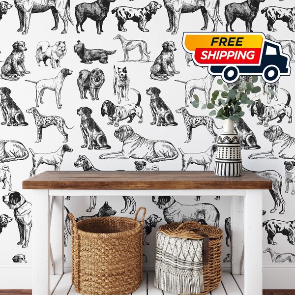 Hand-Drawn Black and White Dogs Wallpaper - Charming and Playful Wall Decor for Dog Lovers