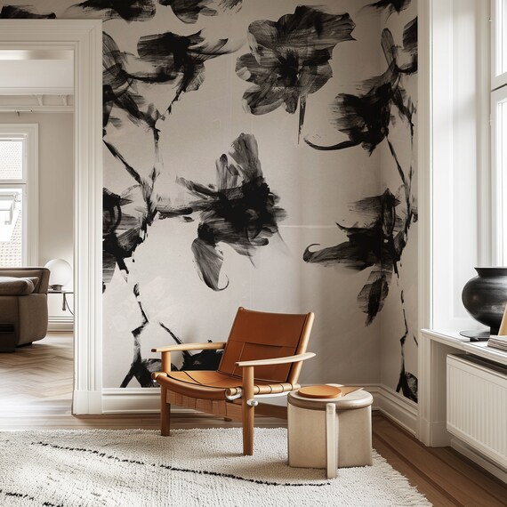 Abstract Black and White Floral Wallpaper - Modern Artistic Leaf Design for Contemporary Decor
