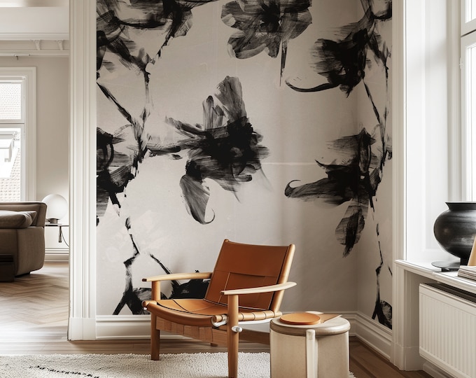 Abstract Black and Off White Floral Wallpaper, Large Modern Artistic Wall Mural, Brushstroke Botanical Design