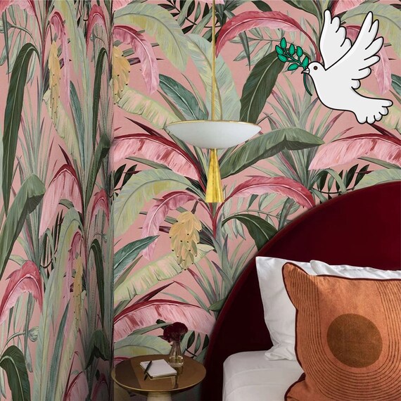 Green Banana Forest on Blush Pink - Bestselling Removable Wallpaper, Banana Leaves Jungle Wallpaper, Tropical Rainforest Wall Decor