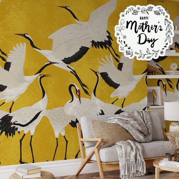 Golden Heron Print Wallpaper, Crane Wallpaper, Removable Wallpaper, Elegant Crane Dance Wallpaper, Graceful Bird Design