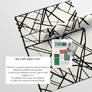 K&ouml;nnte beinhalten: Cremefarbene Tapete mit einem schwarzen, abstrakten geometrischen Design. Eine gerollte Tapete ist zu sehen, zusammen mit einem Flyer mit der Aufschrift "Diluting the glue" und einer Kundendienstnachricht.