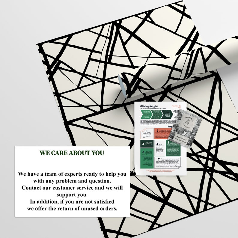 K&ouml;nnte beinhalten: Cremefarbene Tapete mit einem schwarzen, abstrakten geometrischen Design. Eine gerollte Tapete ist zu sehen, zusammen mit einem Flyer mit der Aufschrift "Diluting the glue" und einer Kundendienstnachricht.