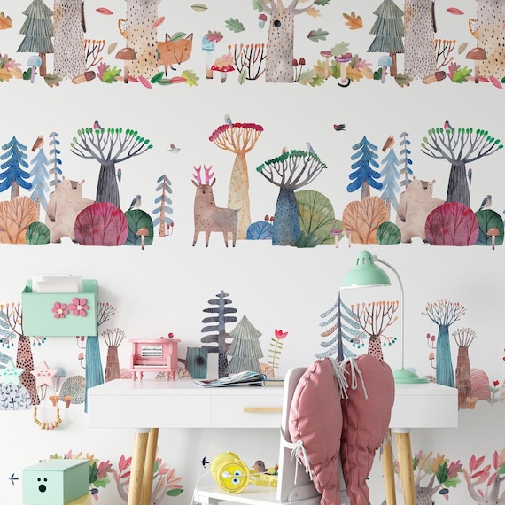Watercolor Woodland Animals Wallpaper, Nursery Decor, Forest Kids Room Wallpaper, Cute Animal Wall Decor