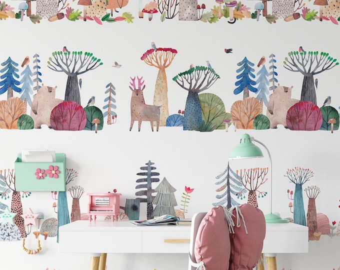 Watercolor Woodland Animals Wallpaper, Nursery Decor, Forest Kids Room Wallpaper, Cute Animal Wall Decor