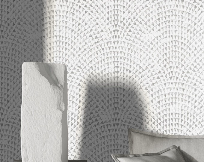 White and Grey Mid Century Art Deco Temporary Wallpaper, Stone Effect Abstract Geometric Wall Paper