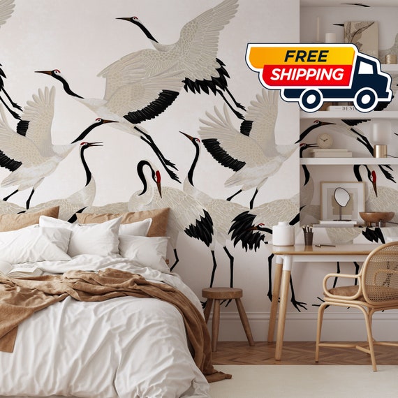 White Heron Print Wallpaper, Crane Wallpaper, Removable Wallpaper, Elegant Crane Dance Wallpaper, Graceful Bird Design