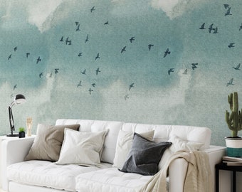 Extra Large Wall Art Flock Birds Nature Wallpaper, Watercolor Green Landscape painting Flying Birds Wall Decor