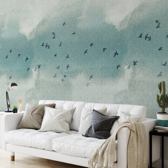 Extra Large Wall Art Flock Birds Nature Wallpaper, Watercolor Green Landscape painting Flying Birds Wall Decor