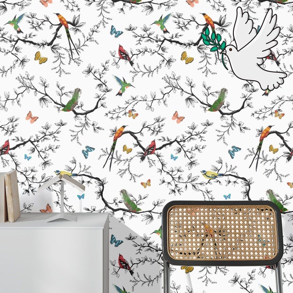 Bird and Butterfly Wallpaper for Children Room Decor, Sparrow Wall Decor in Black and white