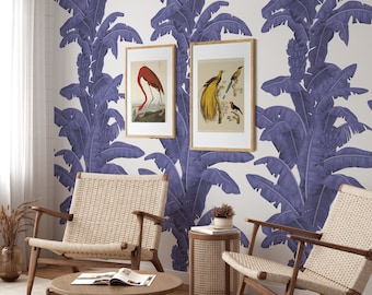 Blue Tropical Palm Leaf Wallpaper, Vintage Banana Leaves Decor, Blue and White