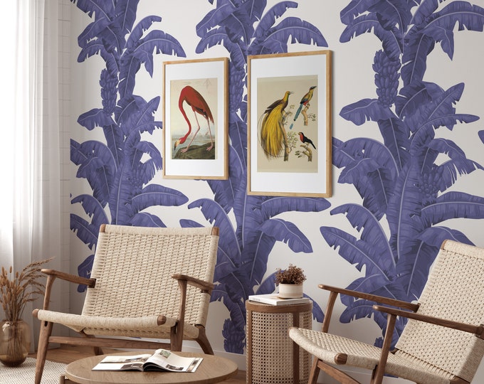 Blue Tropical Palm Leaf Wallpaper, Vintage Banana Leaves Decor, Blue and White