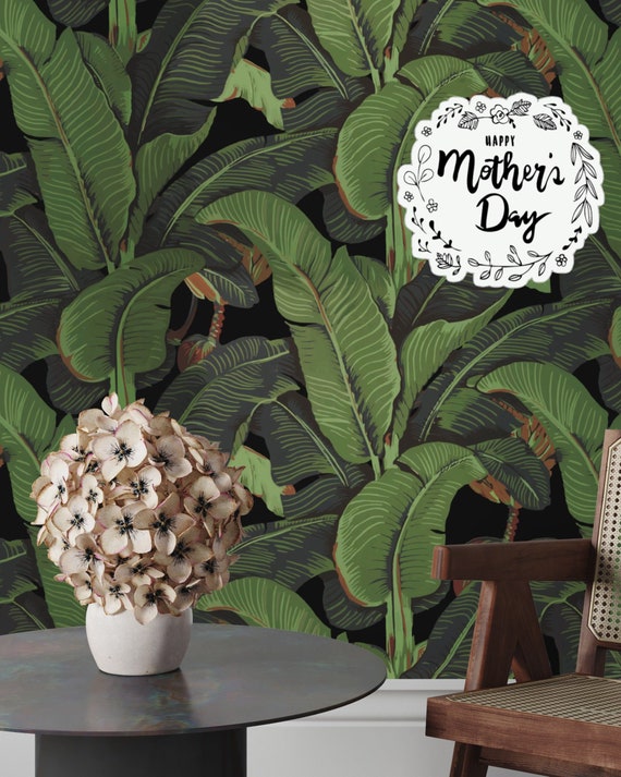 Black Banana Leaf Tropical Rainforest Wallpaper, Leaves Print Palm Tree Jungle Print Boho Decor