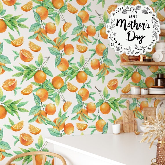 Watercolor Oranges Wallpaper, Orange Floral Wall Mural, Italian Kitchen Decor