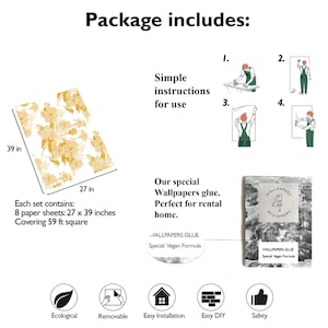 May include: A set of peel and stick wallpaper featuring a floral pattern in shades of yellow and white. The set includes 8 sheets, each measuring 27 inches by 39 inches, covering 59 square feet. The package includes simple instructions for use, special wallpaper glue, and a guide for beginners. The wallpaper is ecological, removable, easy to install, and safe to use.