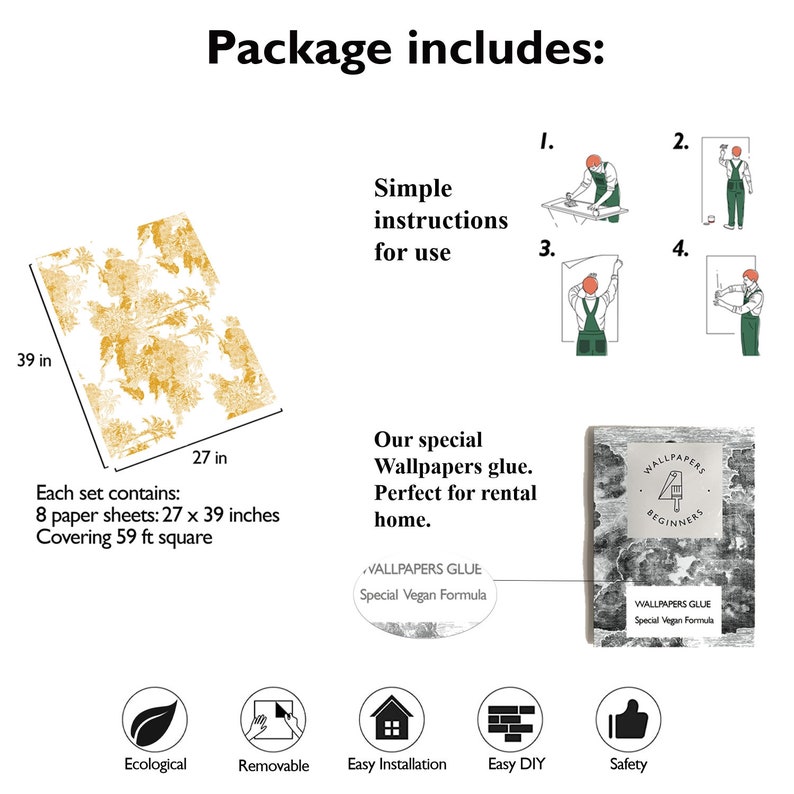 May include: A set of peel and stick wallpaper featuring a floral pattern in shades of yellow and white. The set includes 8 sheets, each measuring 27 inches by 39 inches, covering 59 square feet. The package includes simple instructions for use, special wallpaper glue, and a guide for beginners. The wallpaper is ecological, removable, easy to install, and safe to use.