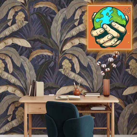 Tropical Jungle in Shades of Green - A Dark Green Banana Forest Wallpaper on Navy Blue Background, Mystical Banana Grove