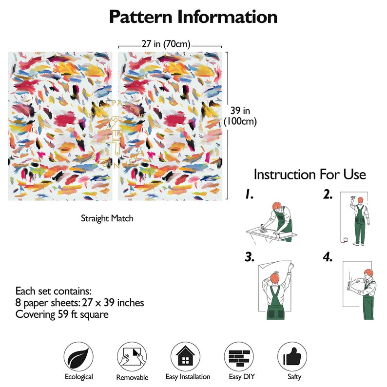 May include: A colorful abstract wallpaper pattern with a white background. The pattern is made up of small, colorful brushstrokes. The wallpaper is available in 8 sheets, each measuring 27 inches by 39 inches, and covers 59 square feet. The wallpaper is removable, easy to install, and easy to DIY. It is also ecological and safe.