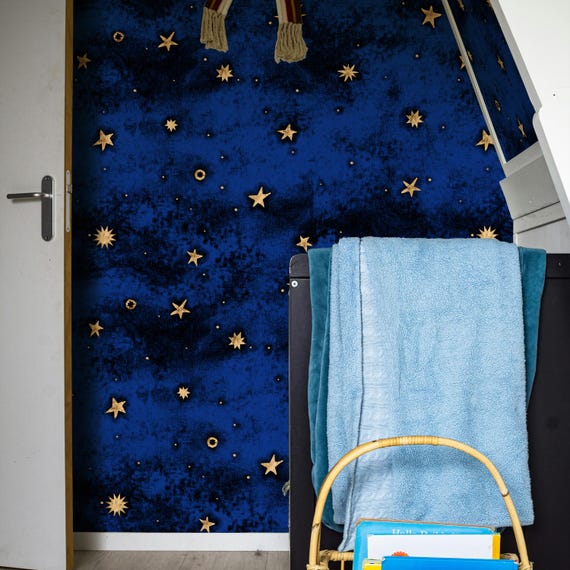 Gold Stars Nursery Wallpaper with Black & Blue Background, Monochrome Celestial Star Pattern Wall Art for Baby Room Decor