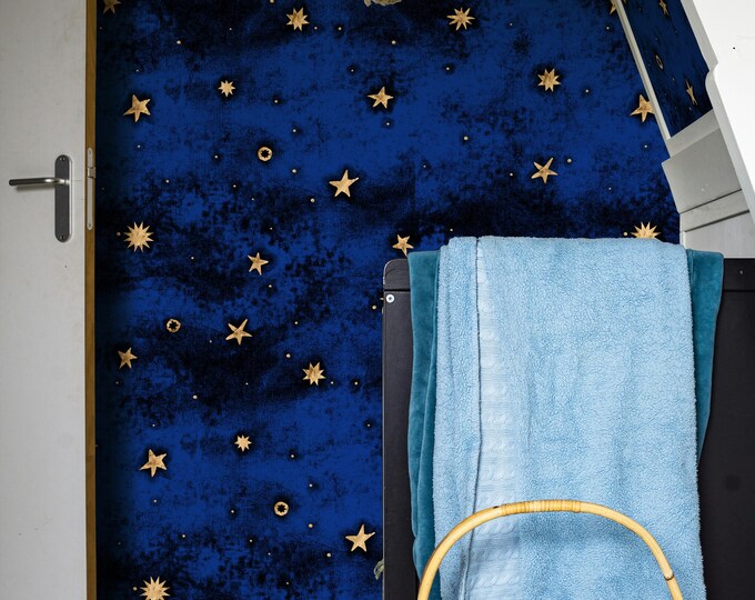Gold Stars Nursery Wallpaper with Black & Blue Background, Monochrome Celestial Star Pattern Wall Art for Baby Room Decor