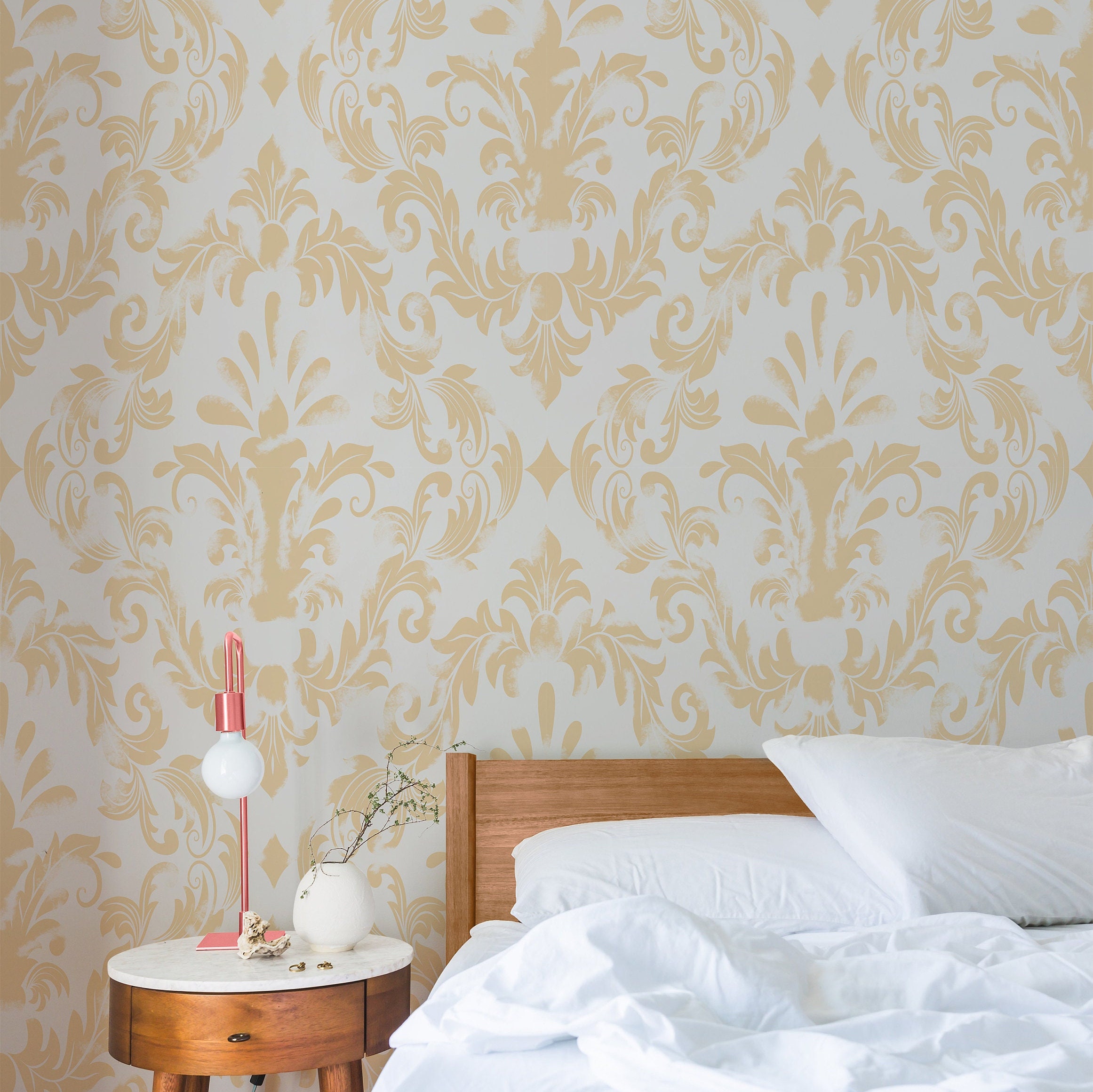 Vintage Grunge Damask Wallpaper, Yellow and White Victorian Home Decor