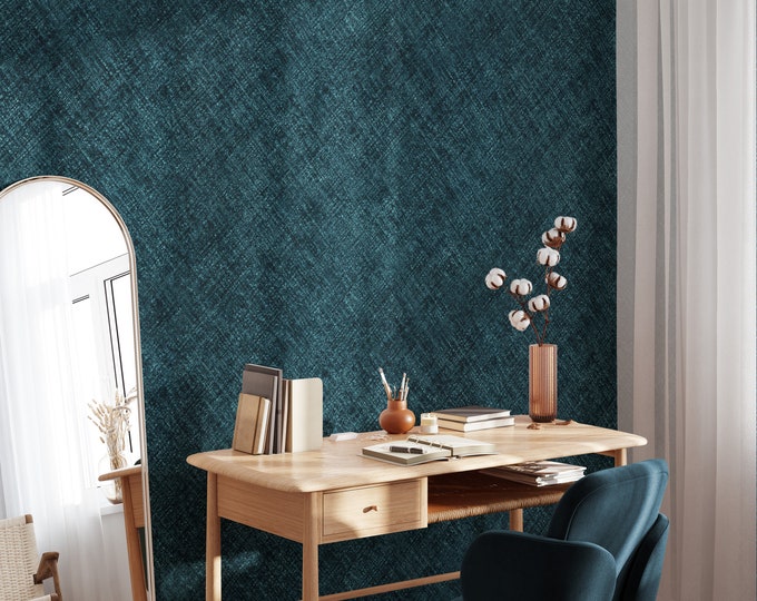Blue Texture Print Wallpaper, Navy Faux Grasscloth Look, Minimalist Canvas Design, Hotel Wall Decor, Modern Textured Accent Wall Covering