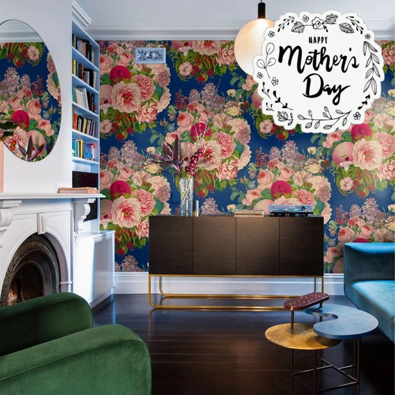 Large Floral Prints Romantic Wallpaper, Removable Wall Art with Botanical Stamp Gorgeous Flowers for Maximalist Decor