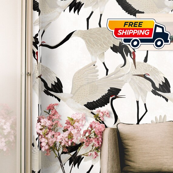 White Heron Print Wallpaper, Asian Birds Wall art, Vintage Crane Removable Chinoiserie Wallpapering