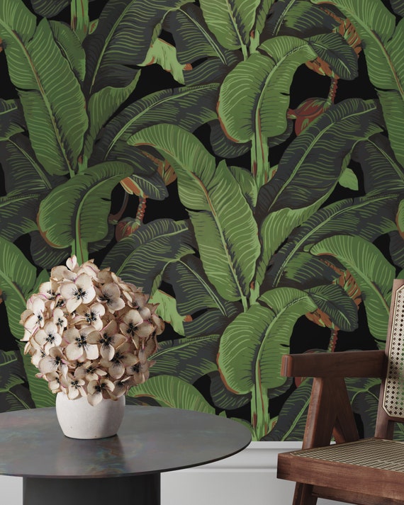 Black Banana Leaf Tropical Rainforest Wallpaper, Leaves Print Palm Tree Jungle Print Boho Decor