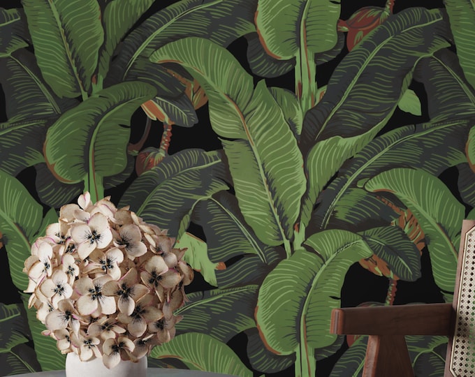 Create an Exotic Oasis with Our Black Background Banana Leaf Wallpaper | Stylish and Striking Design for a Bold Décor
