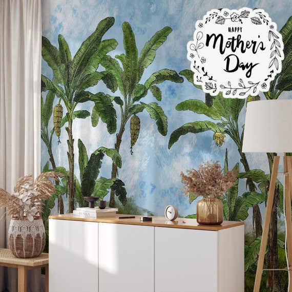 Vintage Jungle wallpaper, Tropical Landscape wallpaper, Large wall art for Tropical decor.