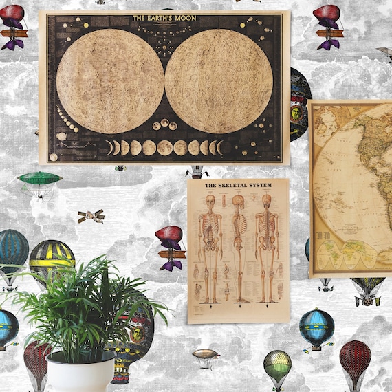 Hot Air Balloons Wallpaper with Vintage Airships, Vintage Illustration Cloudy Sky for Feature Wall