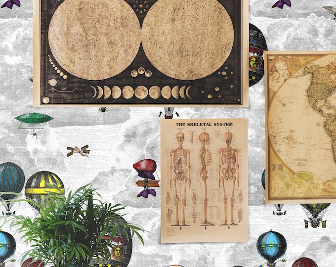 Hot Air Balloons Wallpaper with Vintage Airships, Vintage Illustration Cloudy Sky for Feature Wall