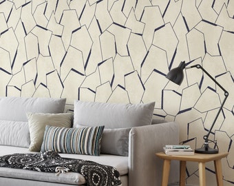 Minimalist Pattern Blue and Cream Modern Wallpaper, Abstract Lines Geometric Simple Stripes Minimal Wall Art