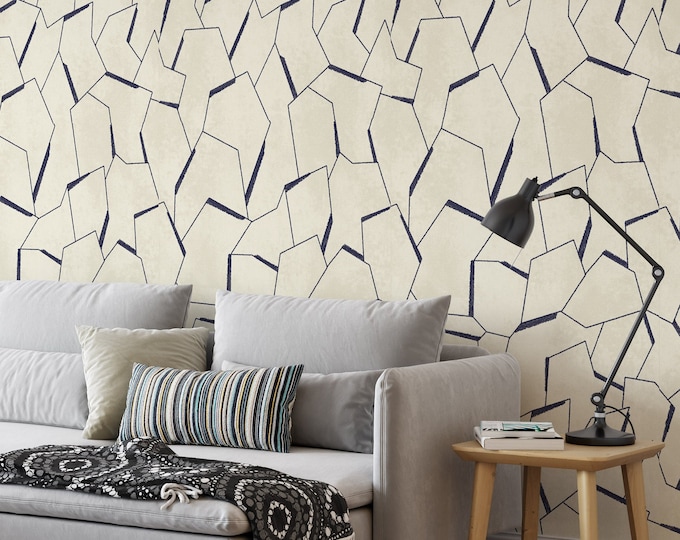 Minimalist Pattern Blue and Cream Modern Wallpaper, Abstract Lines Geometric Simple Stripes Minimal Wall Art