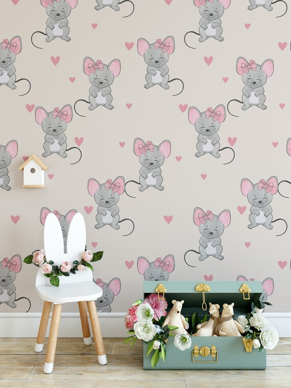 Little Mouse Pink watercolor Nursery wallpaper, Cute Mouses wall decor in Pastel Palette