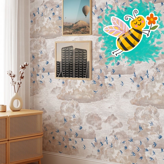 Flight at Sunset: Handmade Engraved Wallpaper with Blue Swallows and Pastel Sky, Blue Flying Swallows Wallpaper