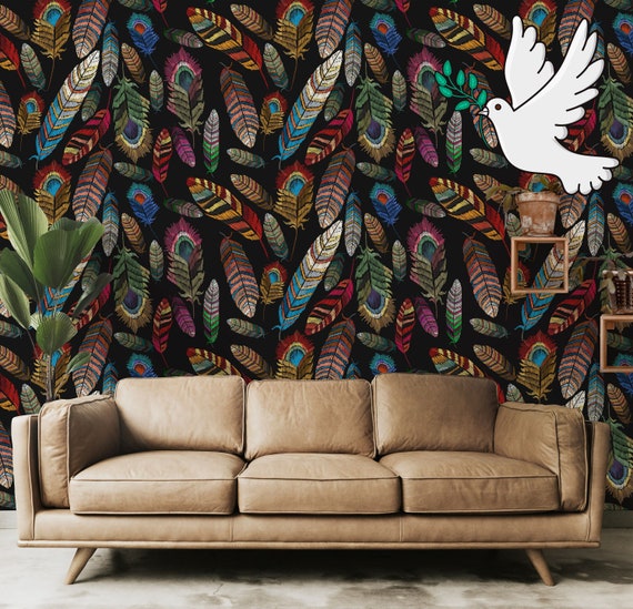 Black Feathers Wallpaper, Feather Boho Plumage Wall Decor