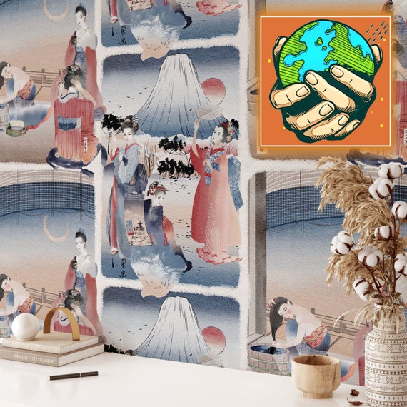 Japanese Geisha Wallpaper, Chinoiserie Panel Vintage Wall Decor, Japandi Decor Wall Art