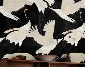 Black Herons Wallpaper, Chinoiserie Print Birds Wall Art, Vintage Crane Removable Wall Decor
