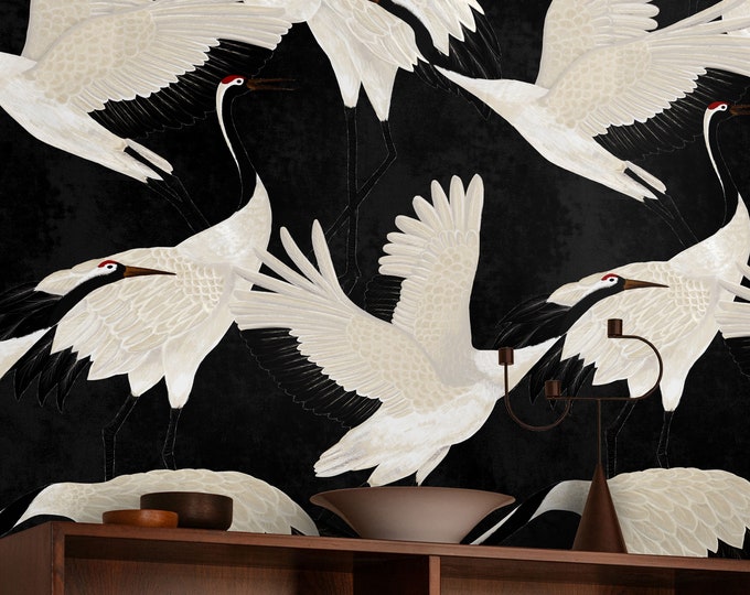 Black Herons Wallpaper, Chinoiserie Print Birds Wall Art, Vintage Crane Removable Wall Decor