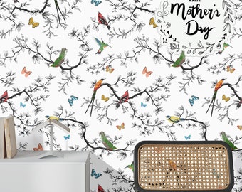 Bird and Butterfly Wallpaper for Children Room Decor, Sparrow Wall Decor in Black and white