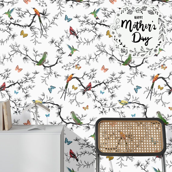 Bird and Butterfly Wallpaper for Children Room Decor, Sparrow Wall Decor in Black and white