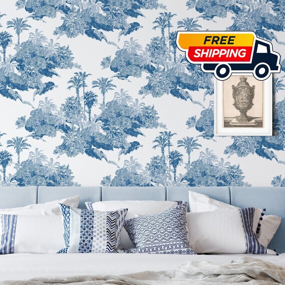 Tropical Blue Toile de Jouy Wallpaper - Exquisite Nature-Inspired Wall Decor for a Serene and Enchanting Ambiance