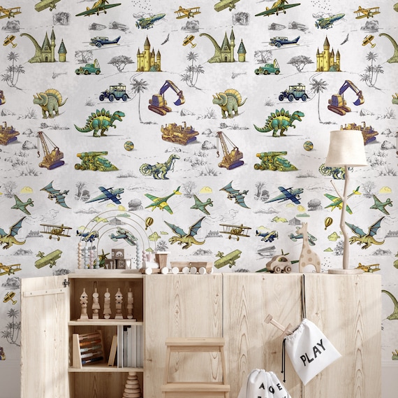 Imaginative Escape Wallpaper: Dinosaurs and Vintage Planes in Action, Fluorescent Whimsical Wall Decor, Steam Punk Kid's Room