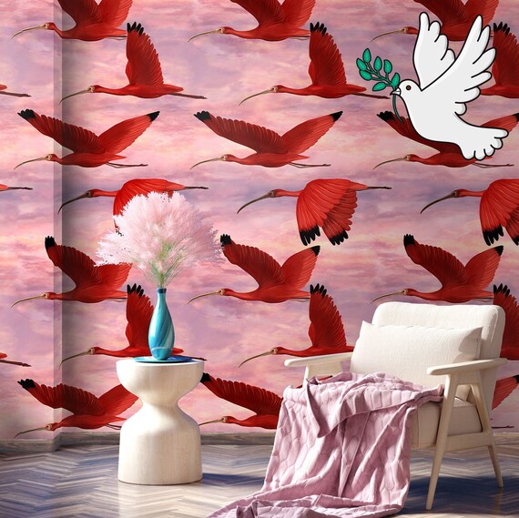 Scarlet Ibis Bird Wallpaper at Sunset, Tropical birds Indie room decor, dramatic wall covering